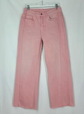SIDEFEEL High Rise Front Seam Detail Raw Hem Wide Leg Pink Denim Jeans Size 12